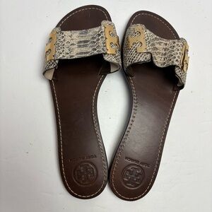 Tory Burch Brown Leather Slide Sandals with Snake-Print Straps and Gold Hardware